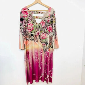 Fresh Of LA Dress 3X  Pastel  Pink‎ Floral Knit Shift Stretch V Neck